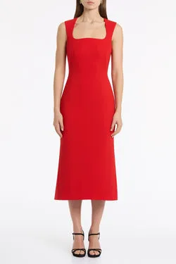 RED CREPE CURVE NECK DETAIL MIDI DRESS