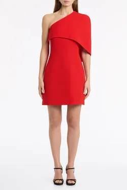 RED CREPE ONE SHOULDER CAPELET MINI DRESS