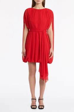 RED GEORGETTE GATHERED CAPELET DRESS