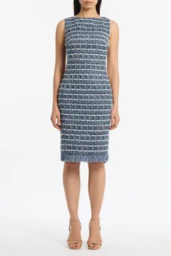 ROYAL METALLIC CHECK TWEED FRINGED SHEATH DRESS