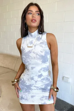 Serina Dress- White/Grey Tie Dye