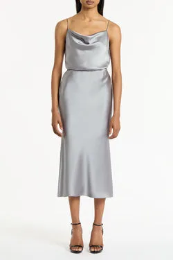 SILVER SATIN MIDI SKIRT