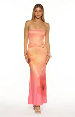 Summa Pink Ombre Hibiscus Strapless Maxi Dress