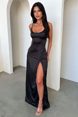 Violetta Scoop Neck Satin Maxi Dress - Black